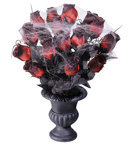 NET TOYS Vase Gothique avec Roses décoration Halloween Noire-Rouge 15 Roses Bouquet de Roses avec Vase déco Florale décoration Roses