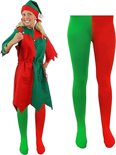 MENS & WOMENS CHEEKY ELF FANCY DRESS COSTUME. CHRISTMAS ELF COSTUME FOR MEN & WOMEN IN RED & GREEN WITH JINGLE BELLS, ELF TIGHTS, AND ELF HAT