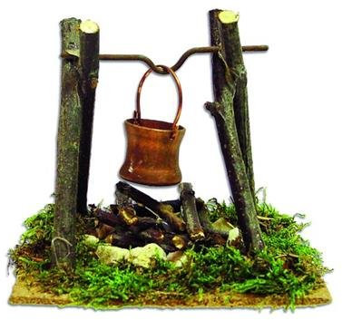 Krippenzubehör Feuerstelle mit Kupferkübel, Höhe 10cm, handbemalen