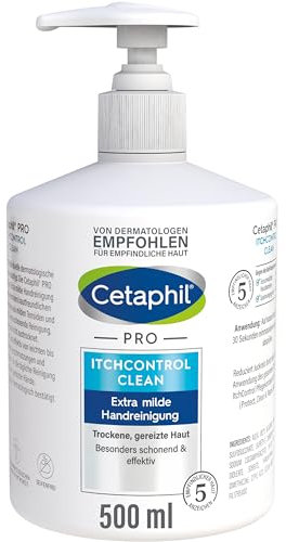 CETAPHIL PRO ItchControl Clean Extra Milde Handreinigung, 500ml, Für trockene, gereizte Haut, Entfernt 99 Prozent der Bakterien sowie Verschmutzungen besonders schonend und effektiv, Vegan, Seifenfrei