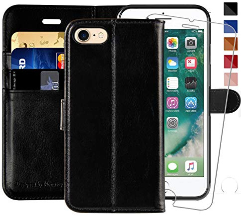 MONASAY iPhone SE 2022/2020 5G Case,iPhone 8 Wallet Case, iPhone 7 Case,4.7-inch, [Glass Screen Protector] Flip Folio Leather Cell Phone Cover with Credit Card Holder for Apple 7/8/SE2/SE3,Black