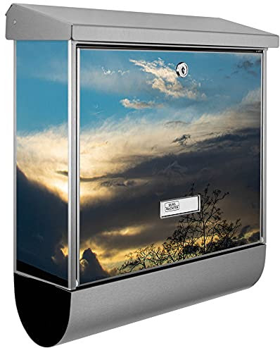 banjado® Burgwächter Briefkasten Edelstahl 38x39x12cm mit Motiv Wolken 7 / Briefkasten Edelstahl ohne Zeitungsfach/Briefkasten grau/Postkasten inkl. Montagematerial & 2 Schlüsseln