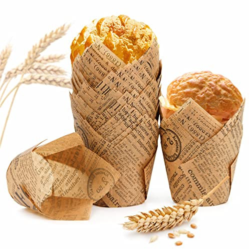 Spesh Lot de 100 Moules à Muffins en Papier Moules à Cupcakes Jetables Tasses de Papier de Cuisson de Tulipe pour Mariage,Fête,Anniversaire(Journal)