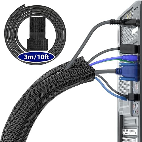 Black Cable Tidy Sleeve(Length 10ft, Diameter 1/2 to 1 Inch Expandable), Braided Cable Sleeve Split& Self-wrap Sleeving for Usb Cable Power Cord Audio Video Cable, Protector Animal from Chewing Cords