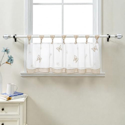 Delien Scheibengardine Voile Bistrogardinen mit Schlaufen Küchen Kurzstore Stickerei »Schmetterling« Transparente Durchstangenzug Stores Gardine Kurzvorhang BxH 90x30cm,Sand
