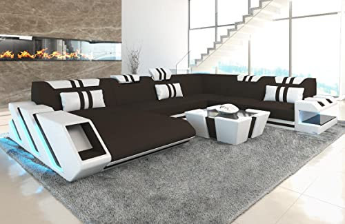 Sofa XXL Wohnlandschaft Apollonia U Form Stoffsofa - mit LED Beleuchtung, verstellbare Kopfstützen, Recamiere/Mikrofaser/Ausrichtung wählbar (Ottomane Links, Mokka-Weiß C92)