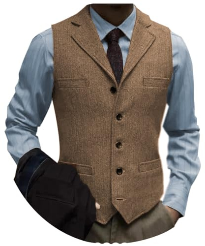 Tuikayoo Men's Tweed Suit Vintage Vest Herringbone Wool Prom Waistcoat Groomsmen(X-Large, Brown)