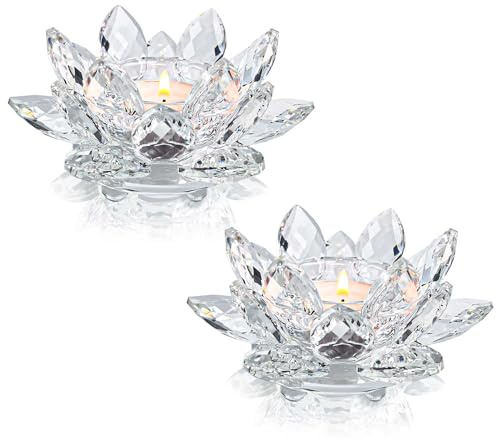 Kolnlala Crystal Lotus Flower Tealight Candle Holders/Glass Tea Light Candlestick Decor Decoration for Christmas Home Wedding Party… (Clean 2pcs)