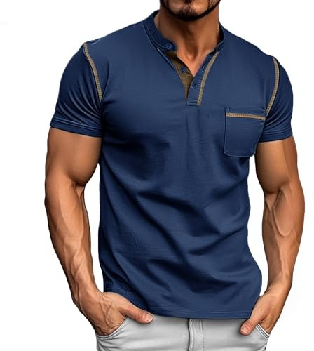 Donason Maglietta Uomo Girocollo Henley Shirt a Maniche Corte Casual Estiva T-Shirt Manica Corta con Bottoni e Tasca Basic Regular Fit Tshirt