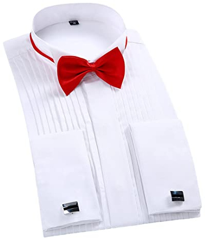 Dninmim Herren Smoking Hemd Langarm Manschette Knopf Hochzeit Kleid Hemden Flügelspitze Falten mit Fliege Hemd