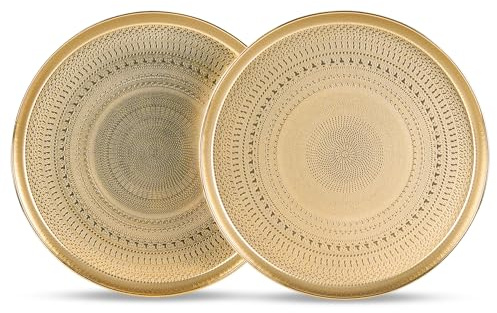 JAZUIHA Dekorativ bricka rund uppsättning av 2, dekorativa skålar i guld av metall, dekorativ bricka Ø 34 cm, gyllene bricka serveringsbricka med hög kant, dekorationstallrik med vintageträgling