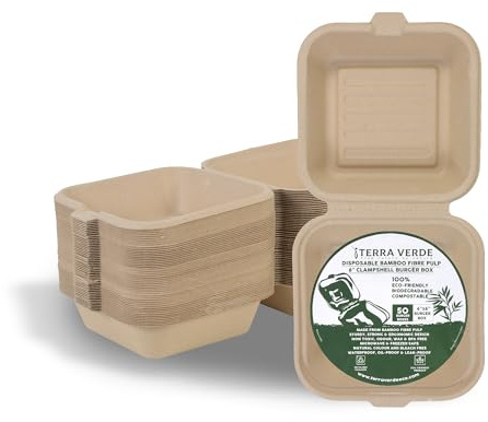 Terra Verde 50-Pack 6x6 Bamboo Fibre Pulp Biodegradable Compostable Burger Boxes, Unbleached Brown, Odour-Free, Food-Safe, Leak-Proof Clamshell Containers for Street Food, Catering, BBQs & Festivals