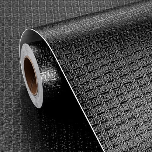FunStick 60CM×5M Schwarze Tapete Wohnzimmer Mustertapete Selbstklebend Schwarze Folie für Möbel Küchenschrank Folie Schwarz Struktur Klebefolie für Schrank Leinenoptik Tapete Wand Schwarz