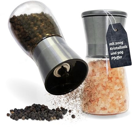 Küper Selection - Juego de 2 molinillos de especias - con pimienta negra y sal de cristal rosa - Molinillo de sal y pimienta - Juego de 2 especias - 90 g de pimienta - 200 g de sal