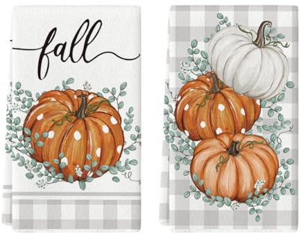 Artoid Mode Büffelkaro Eukalyptus Blätter Orange Kürbisse Herbst Küchentücher Geschirrtücher, 42x65 cm Fall Dekoration Polyester Handtücher 2er Set