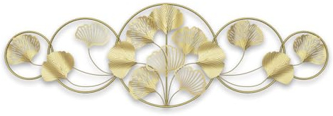 QHENS Decorazioni da Parete in Metallo, Decorazione da Parete Moderno Soggiorno, Scultura da Parete Grande 3d Ginkgo, 128 x 43 CM, Dorata