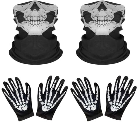 ONEINHE Lot de 2 paires de gants squelette d'Halloween et masque de tête de mort demi-fantôme pour adulte, Halloween, cosplay, danse, fête costumée, Noir , taille unique