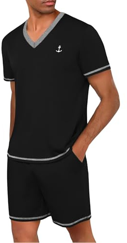 Marvmys Pijamas Hombre Verano Corto Conjunto Algodón Cuello en V Manga Cortas Tops Pijama Pantalones con Bolsillo S-3XL