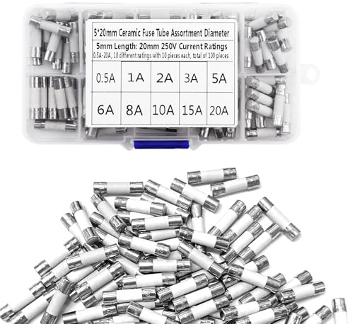 100Pcs 5 x 20 mm Fast Blow Ceramic Fuses Kit, 10Values 0.5A 1A 2A 3A 5A 6A 8A 10A 15A 20A 250V Household Mains Plug Fuse Ceramic Tube Fuses Cartridge Fuses Assortment Kit Quick Fuse for Mains Plug