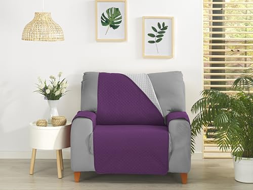 Funda Sofá Sillón Relax 1 Plaza, Cubre Sofá Ajustable y Lavable, Protector Sofá Antimanchas y Resistente, Ideal para Mascotas, Diseño Moderno y Cómodo para el Hogar (Morado/Gris)