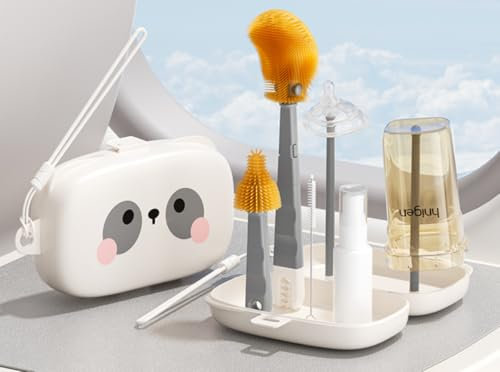 Lammcou Brosse à biberon 7 en 1 portable avec brosse de nettoyage en silicone, brosse de nettoyage pour tétons, brosse à paille, distributeur de savon, boîte de rangement, support de séchage pour