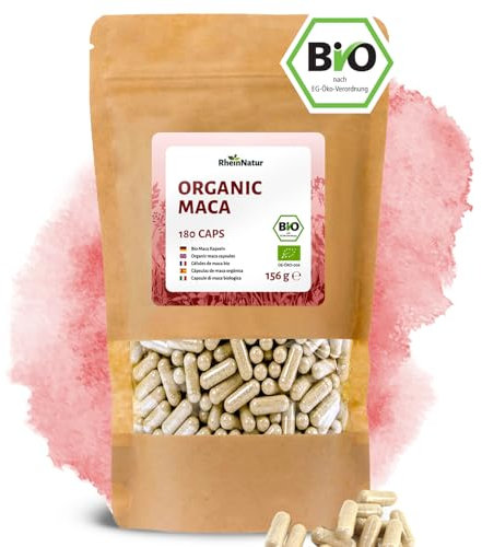 RheinNatur Bio Maca Kapseln 180 Stück - 4500 mg je Tagesdosis - Reines Bio-Macapulver in pflanzlicher Kapselhülle, vegan - Reich an Mineralstoffen, Vitaminen & Antioxidantien