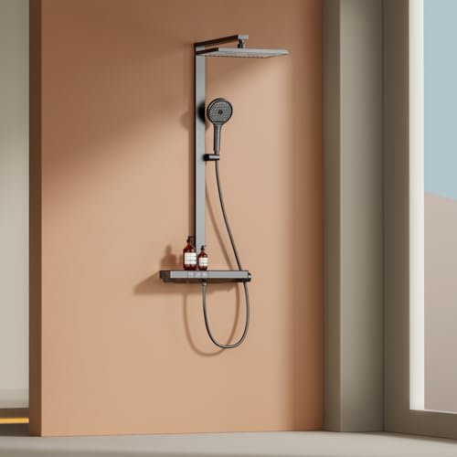 EMKE Duschsystem mit Thermostat – 36 x 24 cm Regendusche mit Armatur, Duschset mit 40 cm Glasablage & Handbrause (4 Strahlarten), höhenverstellbar Komplettset mit Regendusche, Anthrazit Matt