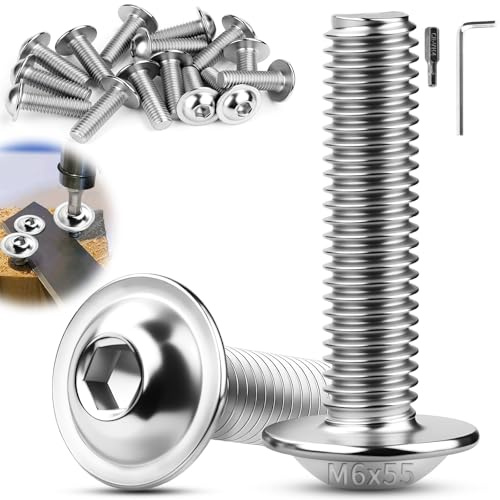 TXXATX Tornillos M6x55mm Cabeza Plana con Brida 30 Piezas Tornillería Inox | Hexágono Interno, ISO 7380-2, Roscados Totalmente, para Fabricación de Muebles, Estructuras Vehiculares