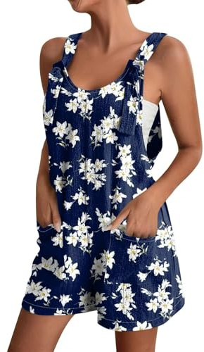 Overol de manga corta para mujer, con tirantes ajustables, de lino suave, para verano, playa, overol de seguridad, ajuste holgado, pantalones cortos con tirantes, azul, XXX-Large