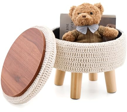 13 Round Handmade Cotton Knitted Boho Small Storage Ottoman with Wood Legs | soft comfortable boho‑style upholstery versatile round pouf footrest accent seat floor step stool home decor leisure ottoman