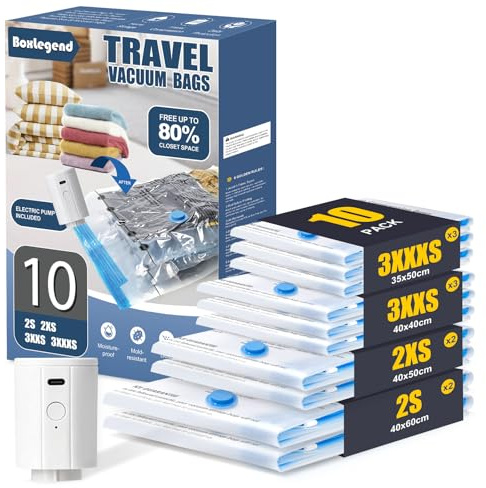 BoxLegend 10 Sacchetti per Viaggi Sotto Vuoto per Abiti con Pompa USB 1200mAh Impermeabili Riutilizzabili 2S+2XS+3XXS+3XXXS Sacchetti Trasparenti per Abiti per Valigie Risparmia fino al 70% di Spazio