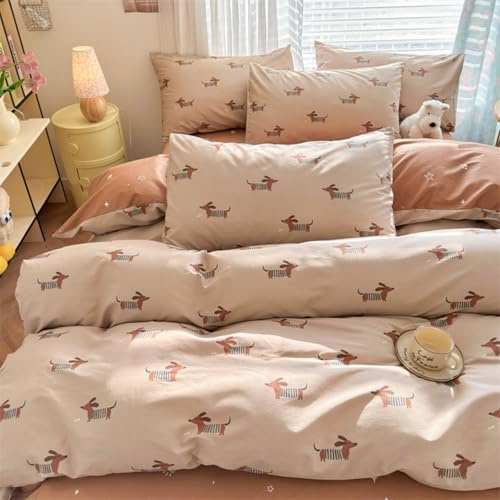 Freyamy Bettwäsche 135x200 4teilig Khaki Bunt Dackel Bettwäsche Set | Mädchen Wendebettwäsche, Microfaser ÖKO-TEX Bettwäsche-Sets, 2 Bettbezug mit Reißverschluss und 2 Kissenbezug 80x80cm