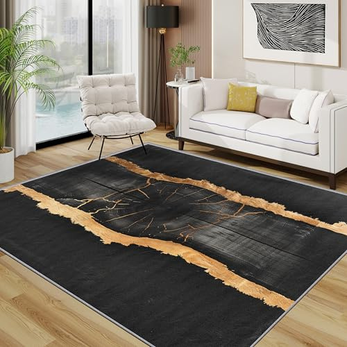 TerroVee Baumstamm Optik Teppich Wohnzimmer 200x300 cm,Luxus Vintage Einzigartig Teppiche Waschbar Für Schlafzimmer,Einfach schwarz Gold Waschbar rutschfest Weich Groß Esszimmer, Gold Schwarz