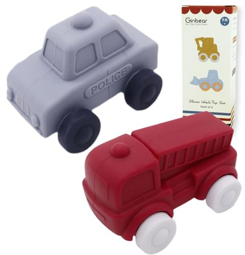 Ginbear Silikon-Spielzeugautos für Babys | Ab 9 Monaten | Weiches Krabbelfahrzeug-Set (12-18 Monate) | Ungiftiges Spielzeug für Kleinkinder 1-3 Jahre | BPA-frei, Lebensmittelecht (Feuerwehr + Polizei)