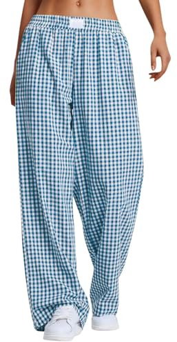 PADOLA Pantalon Fluide Femme Été Lin Bas de Pyjama à Carreaux Taille Elastique Pantalons de Nuit avec Poches Ample Jambe Droite Pantacourt Yoga Décontracté Pyjamas Léger Grande Taille (1 Bleu, XL)