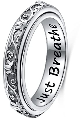 Anxiety Relieve Ring S925 Sterling Silver Lotus Flower Yoga Just Breathe Fidget Worry Band Oxidized Meditation Relaxation Stress Relieving Boredom ADHD Autism Spinner Rings for Women Men(N-1/2)