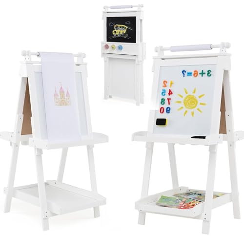 DREAMADE Kindertafel, faltbare & höhenverstellbare Kinder Staffelei mit magnetischem Whiteboard, Kreidetafel mit 3 Farbnäpfen & 3 Ablagefächer, für Kinder ab 3 Jahren (Weiß)