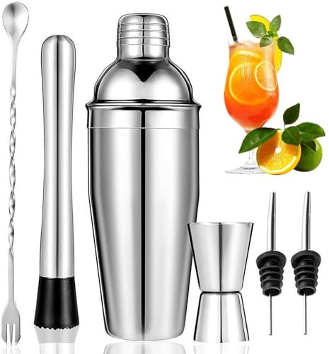 6 Pieces Large 750ml Stainless Steel Cocktail Shaker Set with Double Jigger, Muddler, Pourers, Mixing Spoon, Cocktail Making Kit Tool Bar Accessories