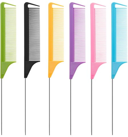 6-Piece Rattail Comb Set with Stainless Steel Handles for Precision Hair Styling, Sectioning, and Braiding (8.66 Inch)