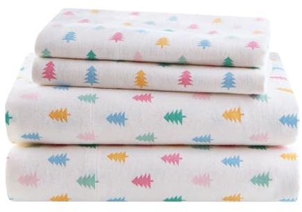 Intelligent Design Flannel Sheets Queen, Cozy Soft 100% Cotton Flannel Bedding, Printed Warm Queen Sheets Set, Ultra Soft Cold Weather Bed Sheet Set, Tree Block, 4 Piece