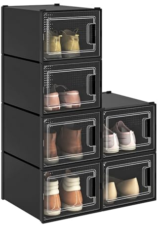 TAUS Caja de almacenamiento de zapatos, 6 cajas de plástico apilables, 35,8 x 27,7 x 20,8 cm, organizador de zapatos plegable resistente con puerta magnética para mujeres/hombres, se adapta hasta la