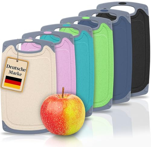 KPYTO 6 kleine Frühstücksbrettchen aus Kunststoff, 25x15 cm, Schneidebrett Set,spülmaschinenfest, beidseitig, rutschfest mit Saftrille, Schneidebrettchen, Brotzeitbrett, Küchenbrett,Frühstücksbrett