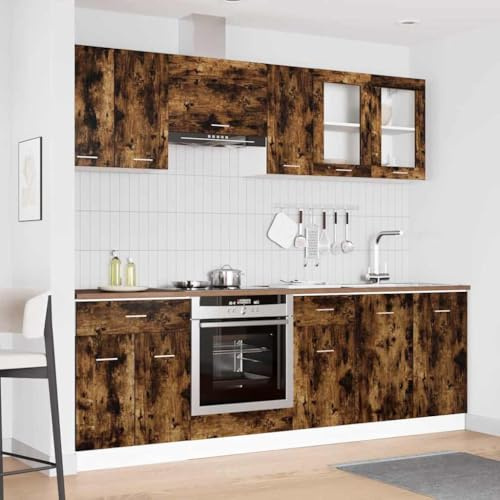 ACAGALA 8-TLG. Küchenblock variabel stellbar, Küchenzeile Einbauküche, Räuchereiche Holzwerkstoff, Küche Komplett, Schrank-Set, Unterschrank, Küchenschrank, Hängeschrank, ohne Arbeitsplatte