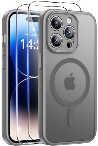 Qasyfanc Magnetic for iPhone 14 Pro Case with 2 Tempered Glass Screen Protector, Compatible with MagSafe, Full Camera Protection, Shockproof Translucent Matte Phone Case, Gray