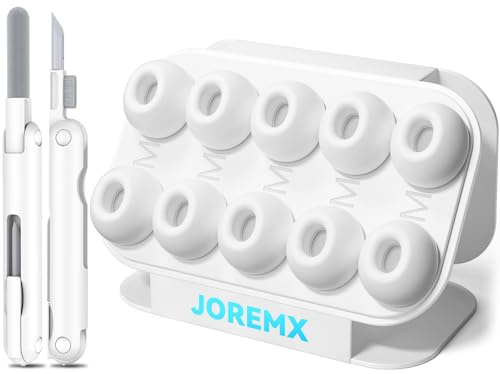 Joremx Silikon Öronkuddar för AirPods Pro 3 (5 Par-Vit-M) | Med hål för ljudreducering och dammtätt nät, Mjukt silikonmaterial, Ingår rengöringsset & förvaringsbox