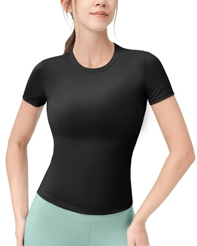 POIHIDE Maglietta sportiva da donna, a maniche corte, per allenamento, palestra, yoga, leggera, morbida, per esercizi, corsa, a compressione, vestibilità aderente, Nero , S