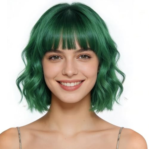 PARXITN Peluca de mujer verde Bob, con flequillo, rizada y ondulada, para cosplay de Halloween, disfraz de carnaval