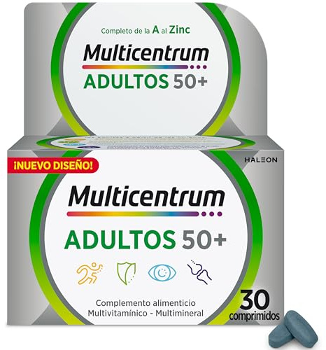 Multicentrum Adultos 50+, Complemento Alimenticio Vitaminas, 30 Comprimidos | Multivitamínico adultos mayores de 50 años, 13 vitaminas, 11 minerales, sin gluten, sin lactosa, sin azúcar, 30 comprimidos