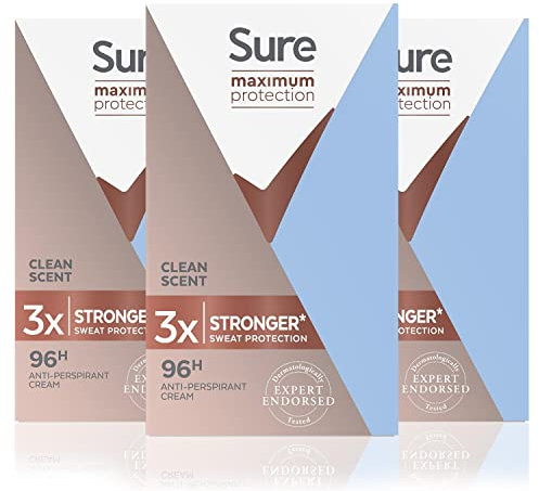 Sure Maximum Protection Clean Scent 96h protection deodorant Anti-perspirant Cream Stick for Men, 3x stronger* sweat protection 45 ml (Pack of 3)