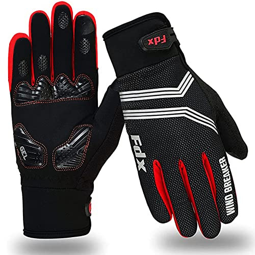 FDX Full Finger Winter Cycling Gloves, Breathable, Water Resistant, Windproof, Anti- Shocking Gel Padded Palms, Touchscreen, Anti-Slip Warm Thermal Men Women MTB, Racing, Riding, Running (Red XXL)